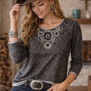 Daytrip Buckle Jeweled Neckline Top Small Gray Damask Rhinestone Statement